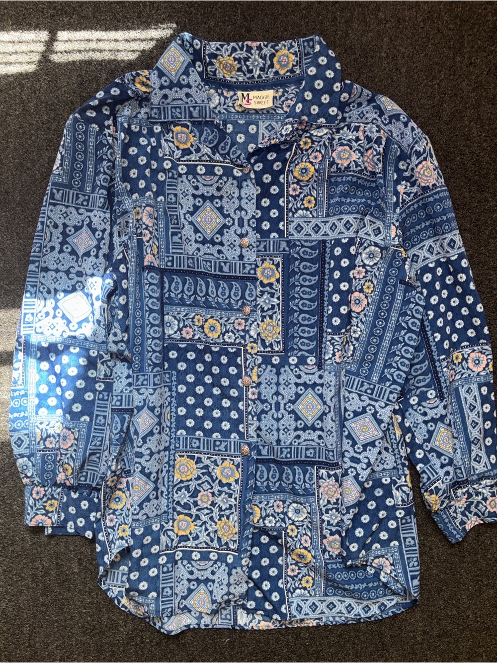 Vintage Maggie Sweet Paisley Art To Wear Button Shirt Patchwork Office Bandana